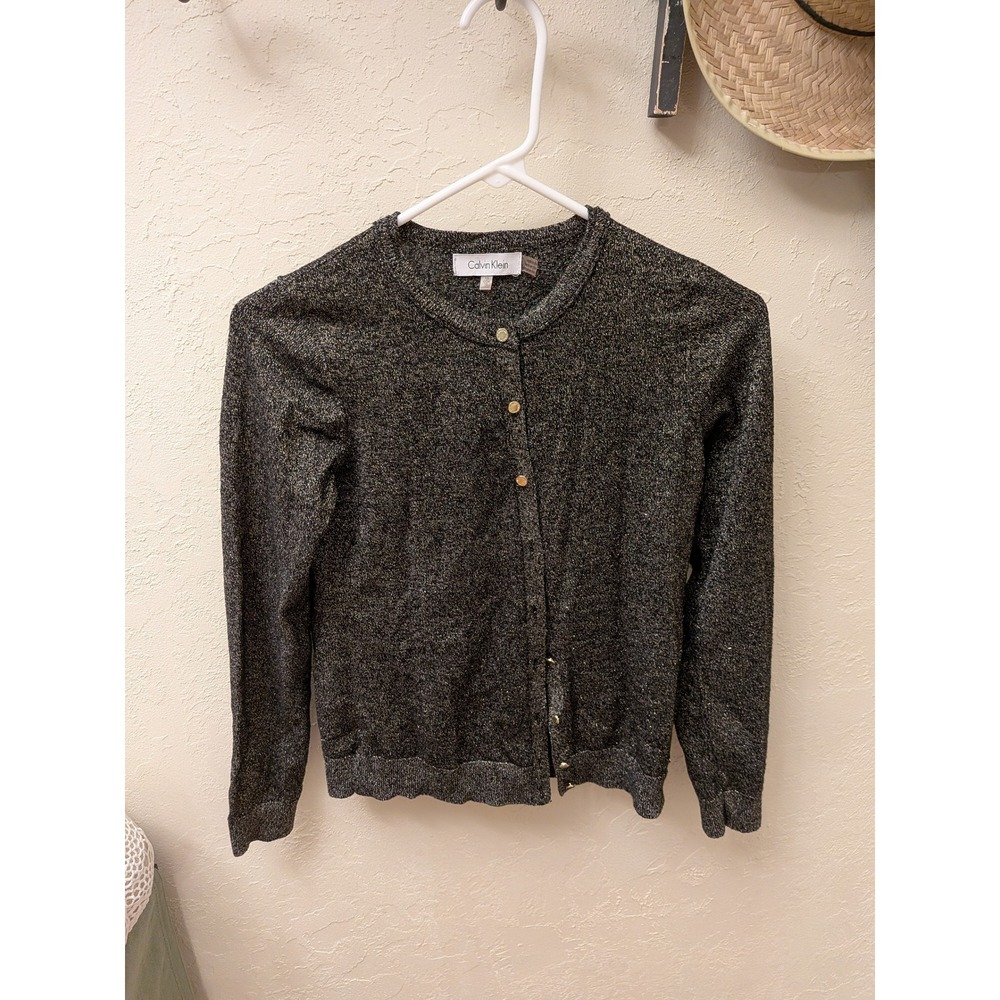 Calvin Klein Women Sparkle Knit Cardigan Sweater XS Charcoal Gold Button Up